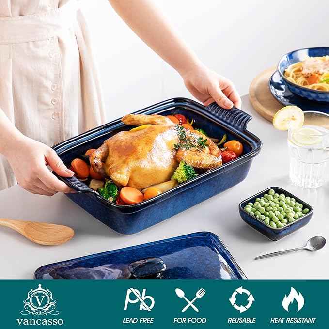 vancasso Starry Casserole Dish With Lid, 3.8 Quart Casserole Dish for Oven, 9x13 Baking Pan with Handles, Large Casserole Baking Dish Lasagna Pan with Lid, Microwave, Dishwasher Safe, Blue
