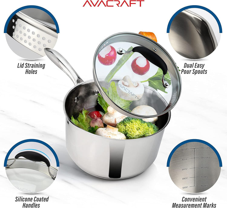 3.5 Quart Stainless Steel Saucepan with Glass Strainer Lid