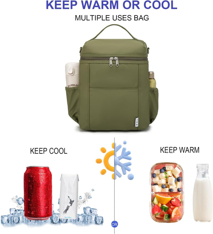 NOL Natural Organic Lifestyle Insulated Lunch Bags for Women Cooler Bag Lightweight Nylon Waterproof Lunch Box For Work (Amy green, Large)