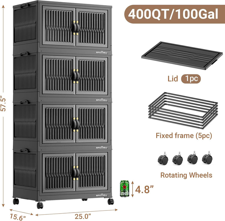 400Qt Stackable Storage Bins with Lid, Extra Large Closet Organizer Collapsible Drawer Boxes with Wheels, Folding Plastic Cabinet Containers for Home Kitchen Room Organization, 4Pack Black