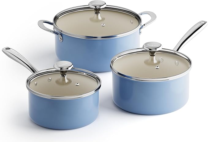 Redchef Non-stick Stock Pots Set 5QT, Sauce Pan with Lids(2.5QT, 3.5QT) Multifunctiona Kitchen Cookware Sets, Non Toxic with Stay Cool Handle, PTFE & PFAS & PFOA Free, Dishwasher/Oven Safe (Blue)