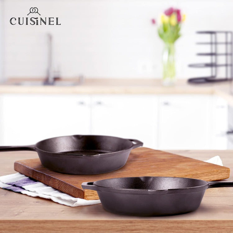 Cuisinel Cast Iron Skillets Set - 10" + 12"-Inch Pre-Seasoned Frying Pans + Removable Silicone Handle Holder Grips + Pan Scraper - Oven-Safe Cookware Kit + Accessories + Handle Helper - Nestoria