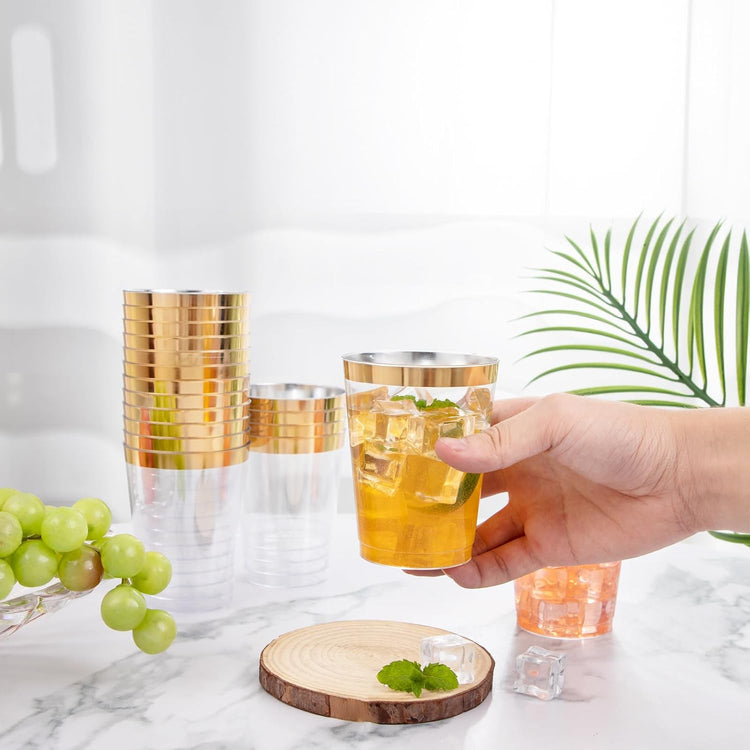 I00000 100PCS Gold Plastic Cups,10 oz Clear Plastic Cups with Gold Trim, Gold Plastic Beer Mugs,Disposable Hard Plastic Cups For Party, Premium Gold Rimmed Plastic Cups Perfect for Wedding & Party