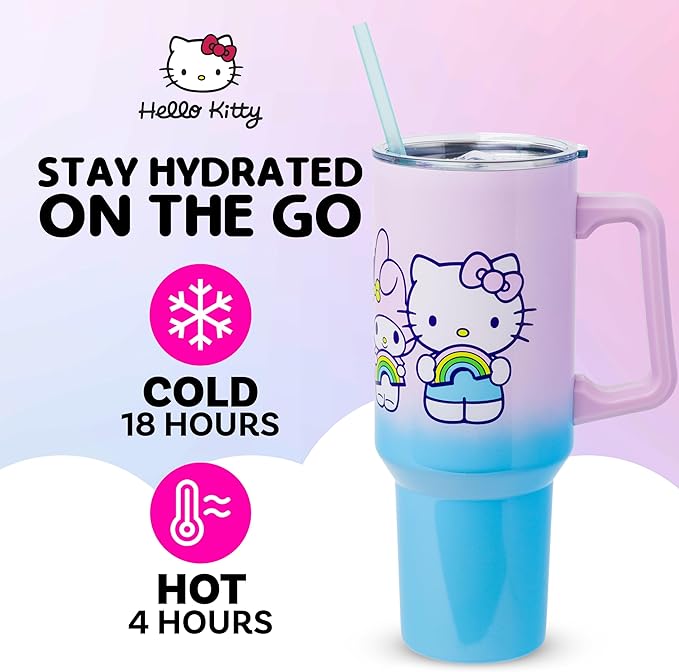 Silver Buffalo Sanrio Hello Kitty and Friends Featuring My Melody, Kuromi, Pompompurin Rainbow Ombre Double Walled Stainless Steel Tumbler with Handle and Straw, Fits in Standard Cup Holder, 40 Ounces
