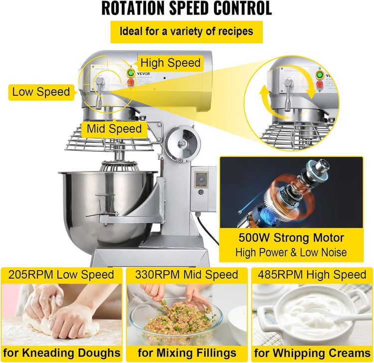Happybuy 10Qt Commercial Food Mixer with Timing Function, Commercial Mixer 500W Stainless Steel Bowl Heavy Duty Electric Food Mixer Commercial with 3 Speeds Adjustable, Perfect for Bakery Pizzeria