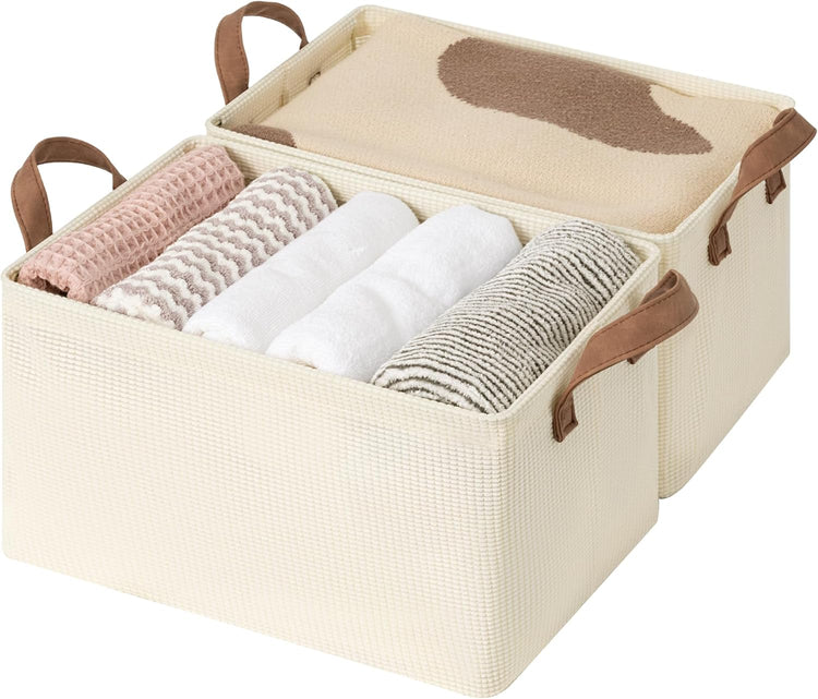 StorageWorks Storage Bins, Shelves Baskets for Organizing, Fabric Closet Organizers with Handles, Metal Frame, Beige(Texture), 2-Pack