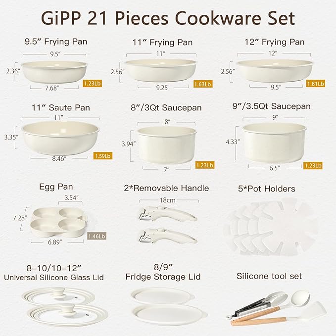 GiPP Ceramic Pots and Pans Set Non Stick, Nonstick Detachable Handle Cookware Sets, Healthy Non Toxic PFAS PFOA & PTFE Free, Dishwasher &Oven Safe, Induction Kitchen Pot and Pan, 21 Piece Cream