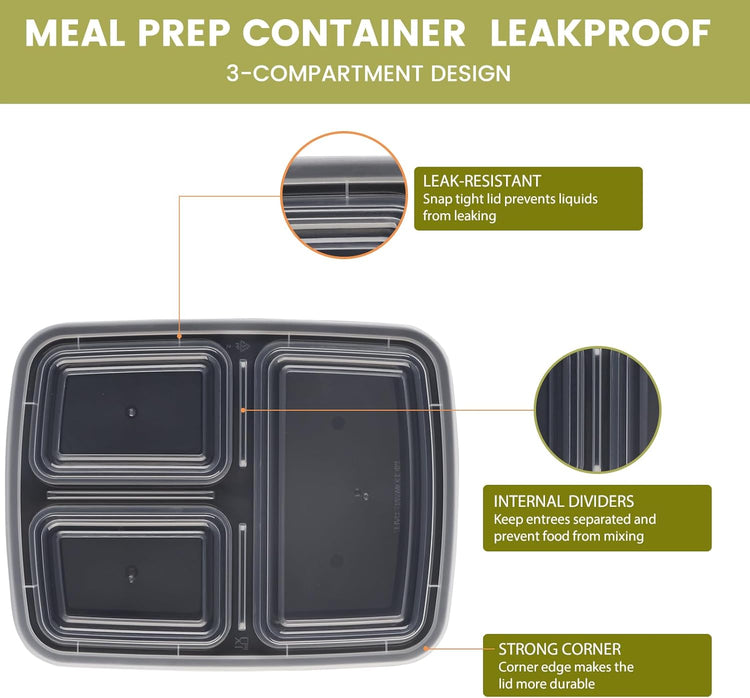 32oz Meal Prep Containers 3 Compartment: 20 Pack Plastic To Go Food Containers Reusable, Leakproof Food Storage with Lids for Takeout, BPA-Free, Microwave/Dishwasher/Freezer Safe