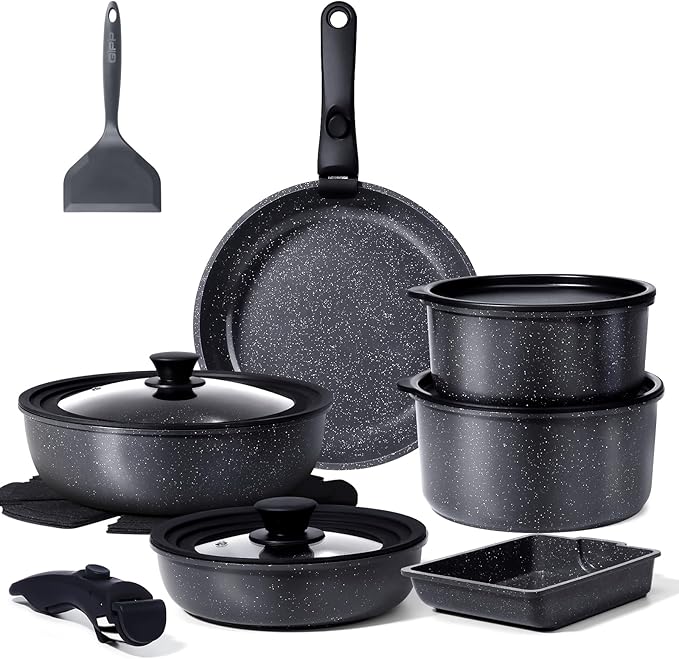 GiPP Ceramic Pots and Pans Set Non Stick, Nonstick Detachable Handle Cookware Sets, Healthy Non Toxic PFAS PFOA & PTFE Free, Dishwasher &Oven Safe, Induction Kitchen Pot and Pan, 17 Piece Gray