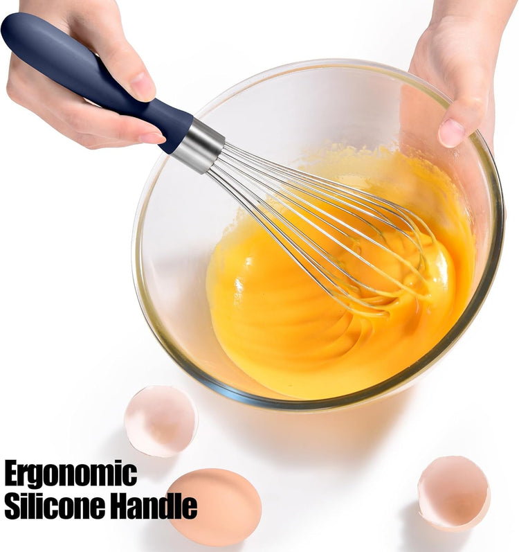 18/8 Stainless Steel Balloon Whisk, Doosu Kitchen Whisk for Cooking Handheld Egg Beater with Rust-Proof Sturdy Wires & Non-Slip Silicone Handle for Beating, Stirring, Blending (8 Wires, Navy Blue)