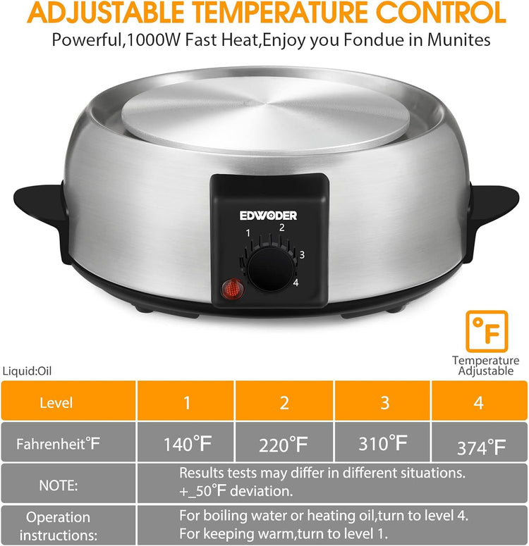 Electric Fondue Pot Set,2-Quart 1000-Watt Stainless Steel Fondue Maker with Temperature Control,8 Forks,Perfect for Chocolate, Cheese, Caramel
