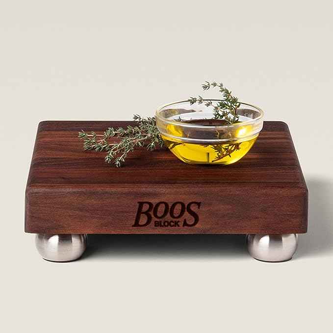 John Boos B Series Square Wooden Walnut Cutting Board 12”x12” – 1.5” Thick, 5-lb Non-Reversible Butcher Block with Stainless Steel Bun Feet & Edge-Grain
