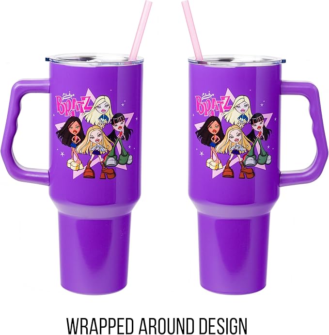 Silver Buffalo Bratz Featuring Cloe, Yasmin, Jade, and Sasha Double Walled Stainless Steel Tumbler with Handle and Straw, Fits in Standard Cup Holder, 40 Ounces