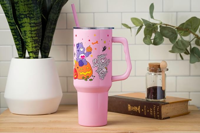 Silver Buffalo Care Bears Featuring Harmony Bear, Cheer, Share Bear, and Trick-or-Sweet Halloween Double Walled Stainless Steel Tumbler with Handle and Straw, Fits in Standard Cup Holder, 40 Ounces