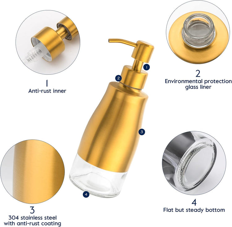 Soap Dispenser with Coaster and Stickers, Brushed Gold Stainless Steel Glass Hand Pump Dispenser, Anti Rust Bottle, for Kitchen & Bathroom Detergent Bottle,Refillable Hand Liquid Dispenser