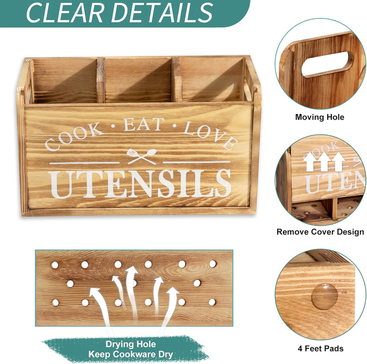 Kitchen Utensil Holder for Countertop, Large Solid Wood Farmhouse Cooking Utensils Organizer for Kitchen Counter, 3 Compartments Utensil Spoon Holder Kitchen Tool Storage for Home Decor (Burned wood)