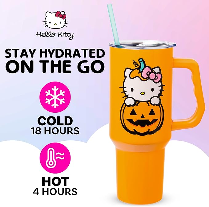 Silver Buffalo Sanrio Hello Kitty Halloween Jack-O-Lantern Double Walled Stainless Steel Tumbler with Handle and Straw, Fits in Standard Cup Holder, 40 Ounces