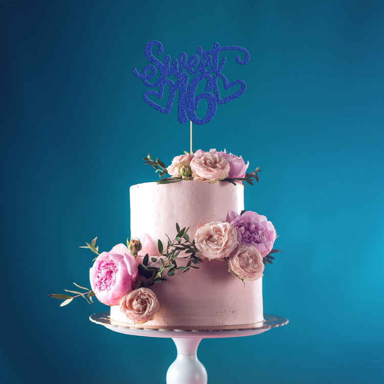 1Pc Sweet Teenager 16 Cake Topper Glitter 16th Birthday Cake Pick for Cheers to 16 Years Old 16th Birthday Party Cake Decorations Supplies Blue