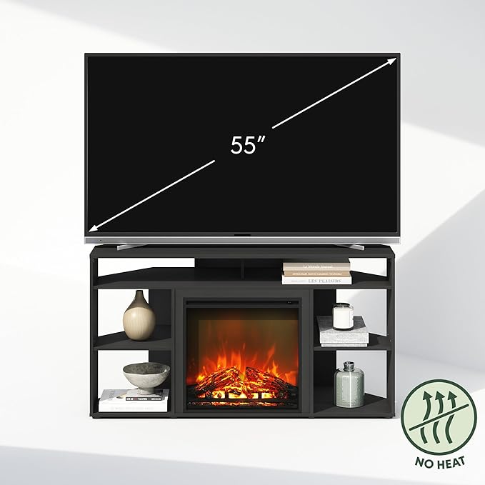 Furinno Jensen Fireplace TV Stand, NO Heat Decorative Electric Fireplace Corner TV Stand for TV up to 55 Inch, with 6 Open Shelves, for Living Room, Americano