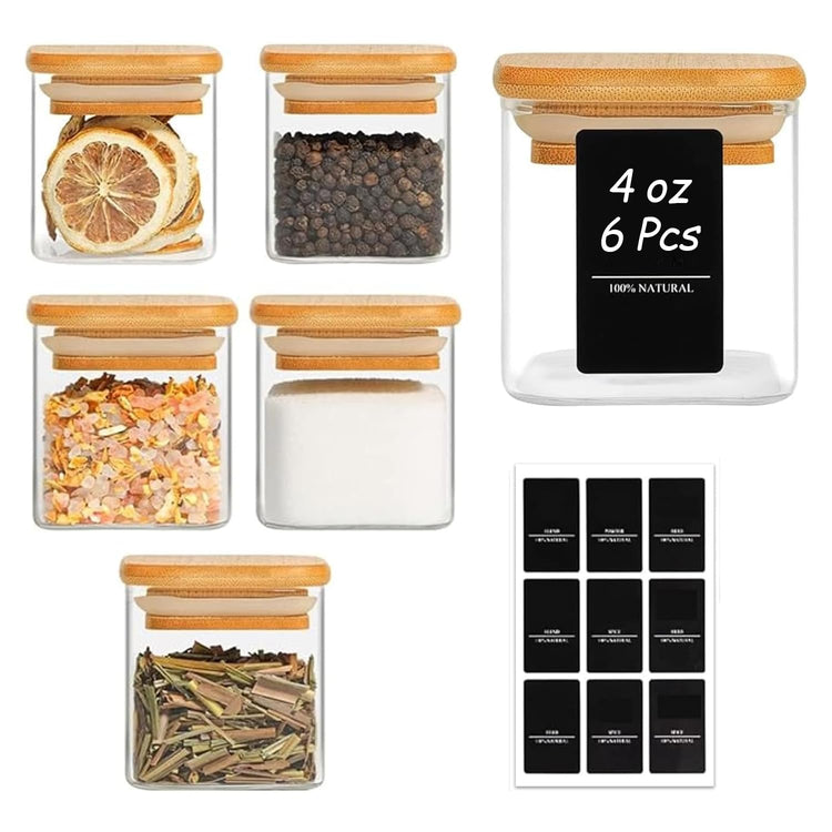 Glass Spice Jars with Labels 4 oz 6 Pack Small Square Bamboo Lids (6 Count)