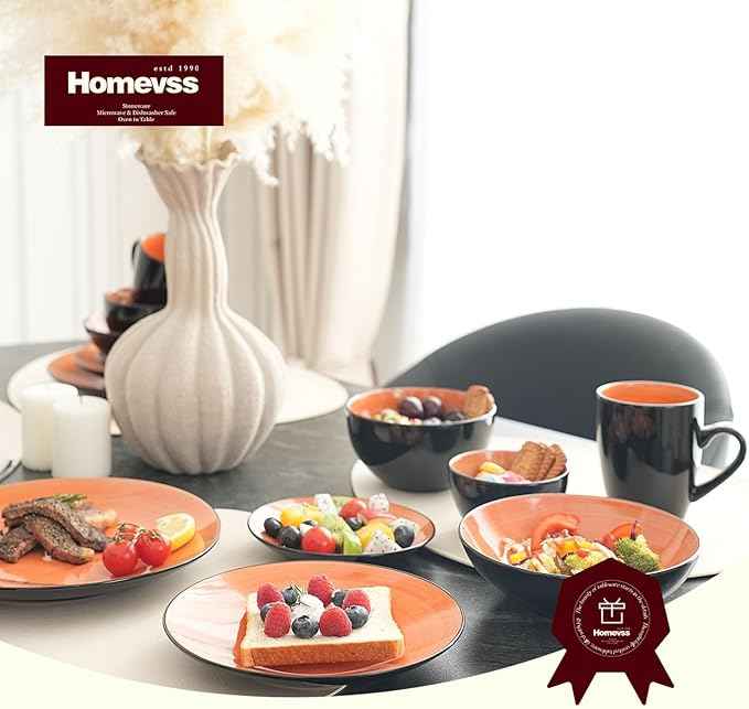 Stoneware Sonoma Dinnerware Set, Black + Speckled Spin Wash (56pc Set, Orange)