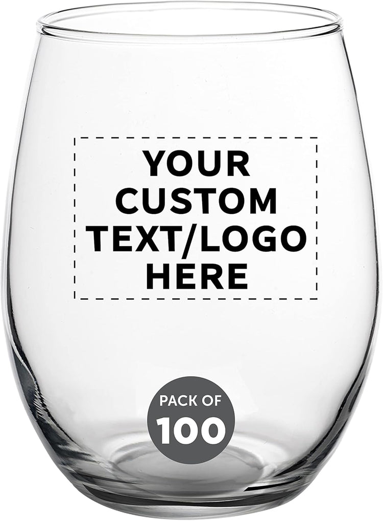 Custom Stemless Wine Glasses in Bulk by ARC Perfection, 15 oz, 100 pack, Personalized Text, Logo, Red or White Wine Glass Set, Black