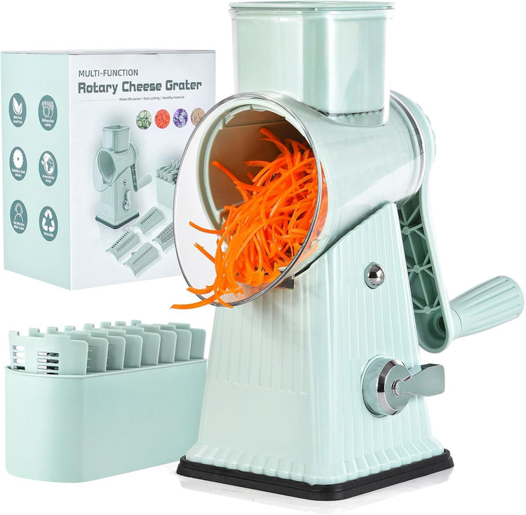 Rotary Cheese Grater, Vegetable Shredder 5 in 1 Cheese Grater with Handle edder Reinforced Suction,Easy to Clean,Kitchen Chopper for Crushed Ice,Fruits and Nuts with Blade Storage Case(Green)