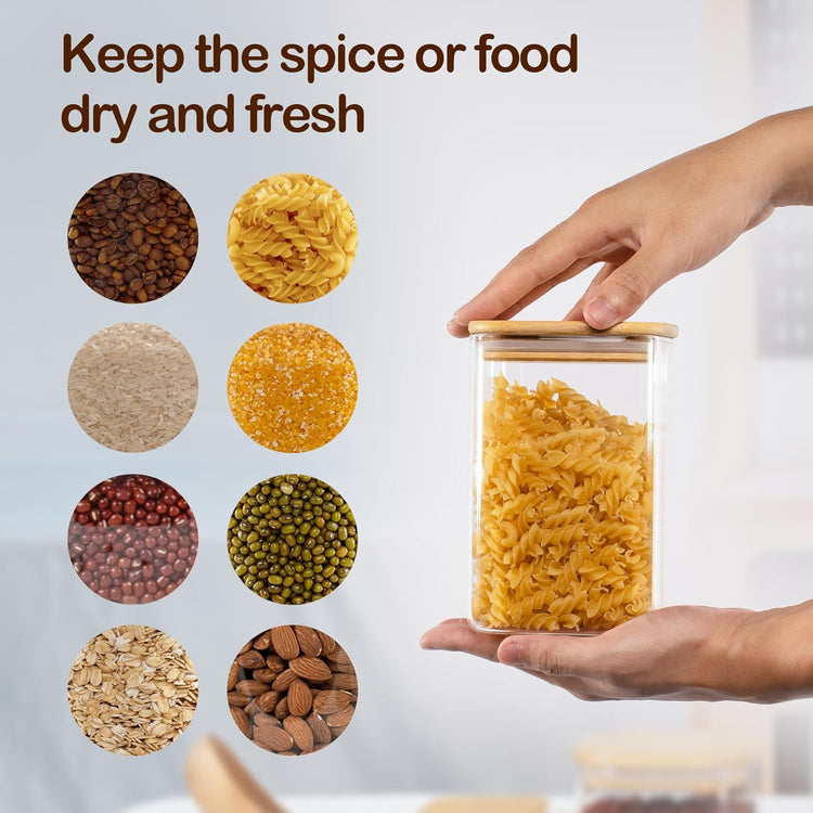 41oz Airtight Glass Square Storage Canister with Bamboo Lid Set of 4 (1200ml) Container Stackable Jar, Kitchen Canister for Pantry Noodles, Flour and Coffee beans (with Black Lable)