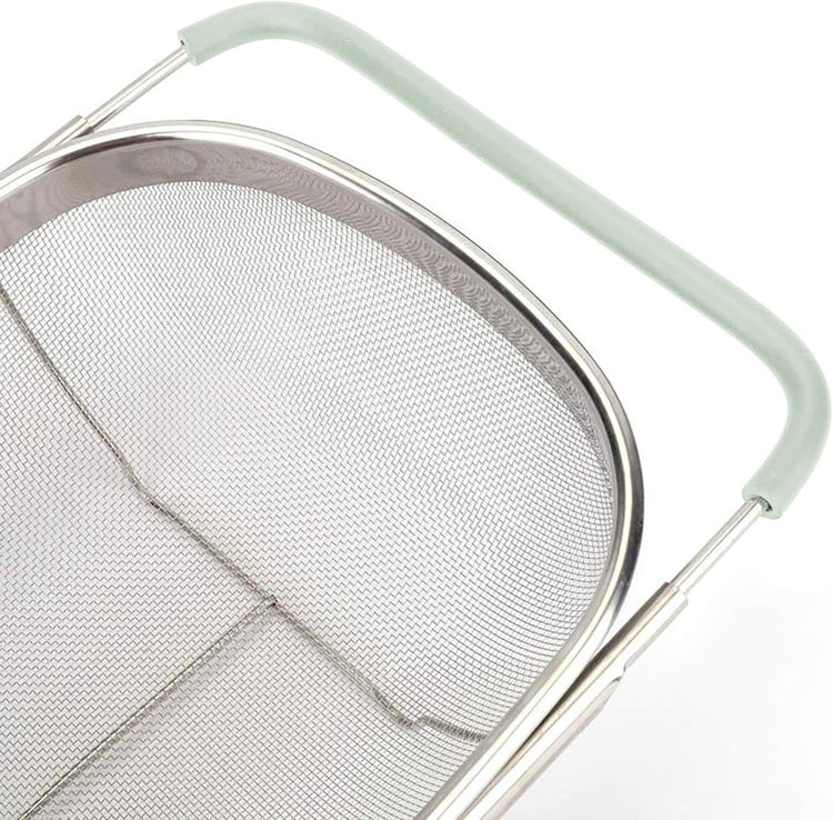 Over The Sink Colander, 6 Quarts Stainless Steel Oval Colander with Expandable Rubber Grip Handle, Fine Mesh Strainer Baskets Kitchen Colanders for Strain, Drain, Rinse Vegetables, Mint Green