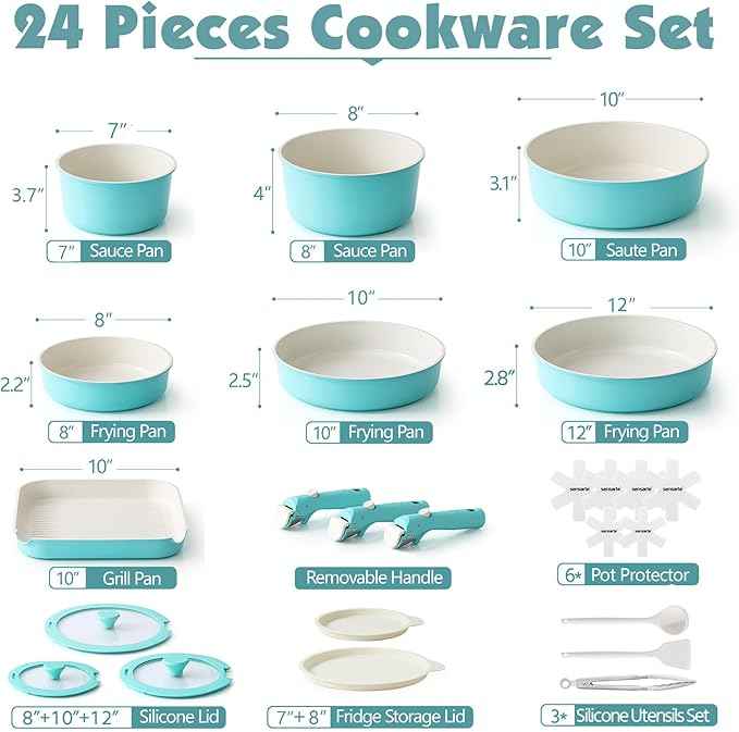 SENSARTE 24 Piece Ceramic Pots and Pans Set, Nonstick Detachable Handle Cookware, Induction Cookware Set with Removable Handle, Healthy Non Stick for RV, Dishwasher&Oven Safe, PFOA Free (Turquoise)