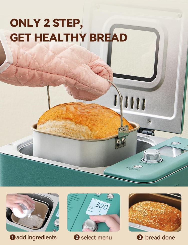 Neretva Bread Maker, 20-IN-1 2LB Bread Machine Dual Heater Bread Maker Machine Automatic with Nonstick Ceramic Pan, 15H Timer & 1H Keep Warm Set, Low Noise, Stainless Steel Breadmaker Recipe-Green