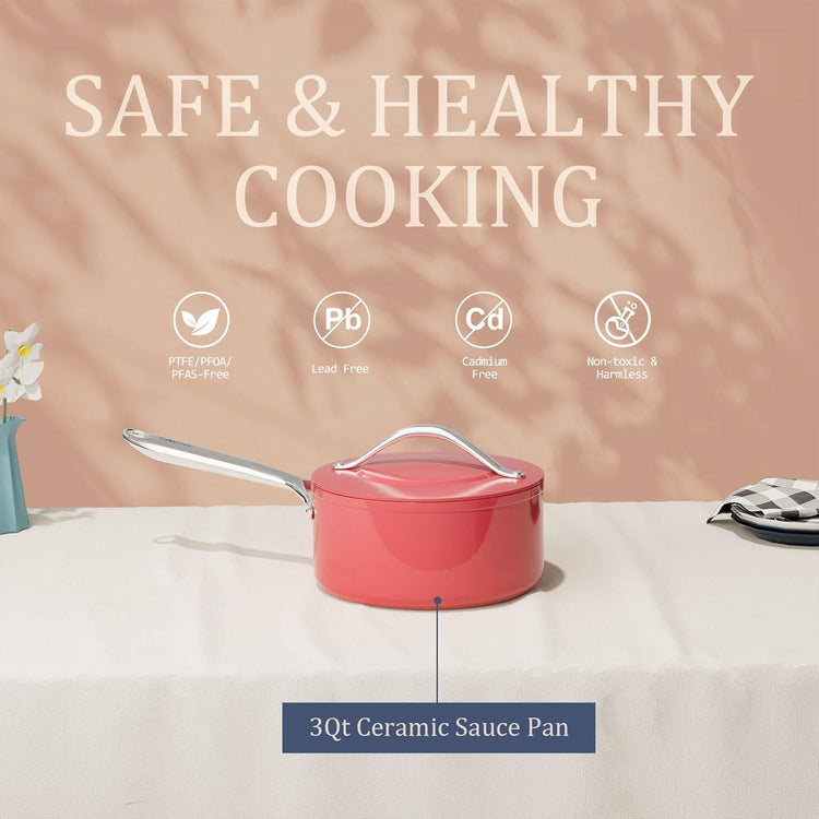 3.5qt Nonstick Ceramic Sauce Pan with Lid (8.19") Even Heat Distribution, Non Toxic & PFAS Free Healthy Cooking Pot for All Stovetops (Induction/Gas/Electric), Oven Safe 500ยฐF, Fusion Red