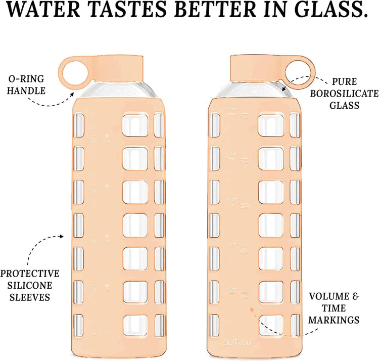 purifyou 40oz / 32oz / 22oz / 12oz Borosilicate Glass Water Bottle with Time & Volume Markers, Silicone Sleeve, Stainless Steel Lid – Reusable Glass Bottle for Water & Juice (40oz Hazelnut)