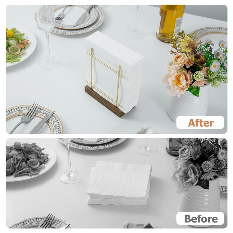 Brass Tone Wire Metal Napkin Holder With Wood Base