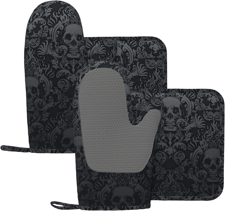 Gothic Skull Oven Mitts and Pot Holders Sets of 4,Resistant Hot Pads with Silicone Non-Slip BBQ Gloves for Kitchen,Cooking,Baking,Grilling