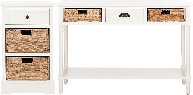 SAFAVIEH Home Collection Carrie Distressed Cream/ Natural Wicker 3-Drawer Storage Nightstand Side Table (Fully Assembled)