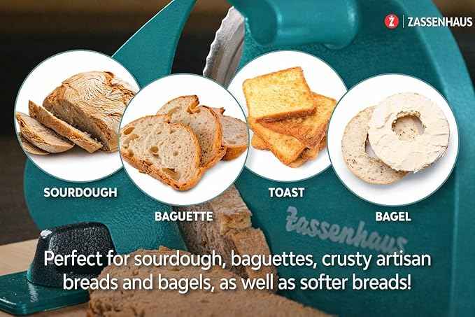 Zassenhaus Original Classic Adjustable Bread Slicer for Uniform Slices - Bread Slicer for Homemade Bread - 18/8 Stainless Steel Blade Sourdough Cutter-Water Blue 11.75" x 8"