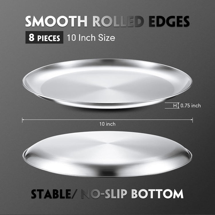 Thenshop 8 Pieces 10 Inch Pizza Pans Bulk Stainless Steel Sets Round Bakeware Pizza Trays for Oven Kitchen Baking Home Restaurant Picnics Holiday Activities Safe Sturdy Reusable Easy Clean(Silver)