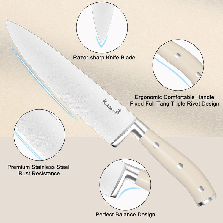 Kuisine Premium Sharp Knife Set,High Carbon Stainless Steel Ergonomic Handle,Knife Block Set with Built-in Sharpener(15PCS,Ivory)