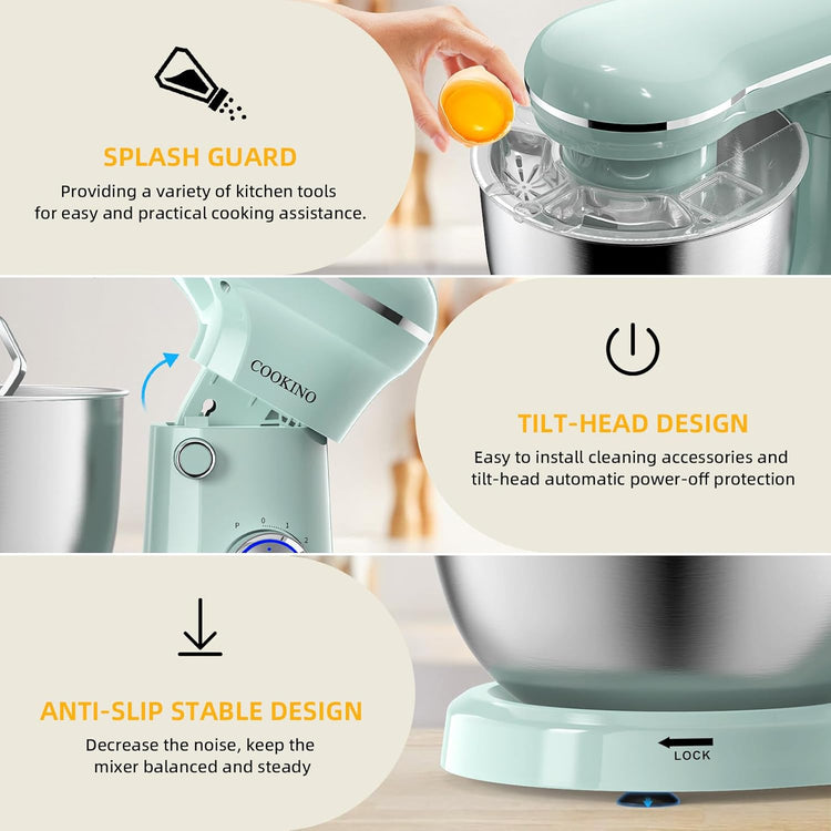 Electric Stand Mixer,10 Speeds 660W Tilt-Head Food Mixer, 3-IN-1 Kitchen Mixer for Daily Cooks with 6.5 QT Bowl,Dough Hook, Beater, Whisk (Agave Green)