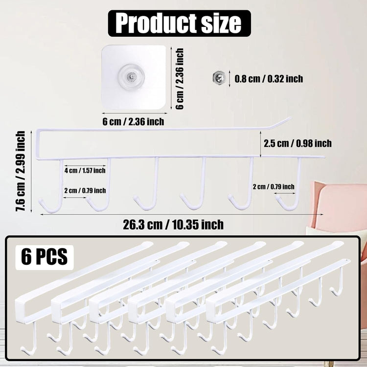6PCS Mug Hooks Under Cabinet,Mug Holder Under Shelf,Coffee Cups Holder Hanger with 6 Hooks for Kitchen Utensils,Fit for 0.95 inch Thickness or Less,Drilling Free (White)