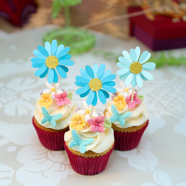 24Pcs Daisy Cupcake Toppers Flower Cake Topper Decorations Daisy Cake Decorations Chrysanthemum Cupcake Toppers Spring Daisy Flower Cake Picks for Birthday Wedding Supplies Blue (24 Count)