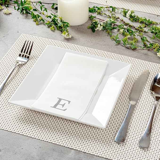 Luxenap 15.8 X 7.9 Inch Linen-Feel Guest Towels, 50 Lettered Hand Towels - Silver Letter 'E', Sans Serif Font, White Paper Dinner Napkins, airlaid, For Restrooms And Tables - Restaurantware