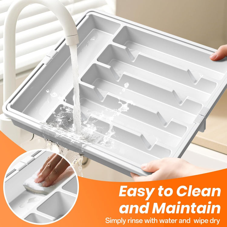 Large Silverware Organizer,Expandable Utensil Drawer Organizer,BPA Free Utensil Holder,Adjustable Silverware Tray Cutlery Drawer Organizer for Kitchen Flatware,Large,White,2 Pack