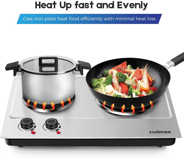 Hot Plate,Cusimax Double Burner 1800W Cast Iron Heating Plate,Electric Stove with Adjustable Temperature Control,Stainless Steel,Suitable for Various Scenarios Upgraded Version