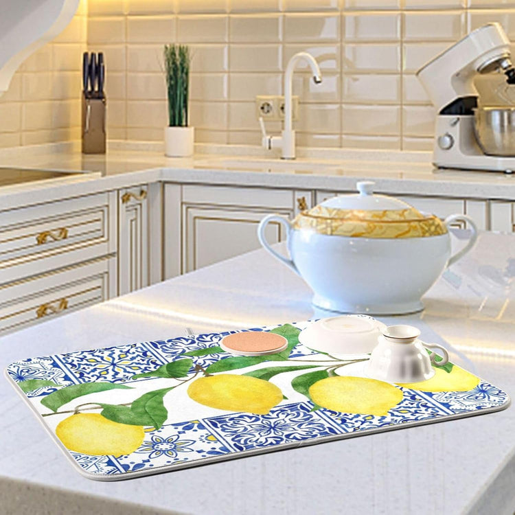 Lemon Blue Tiles Dish Drying Mat for Kitchen Counter Absorbent Microfiber Drying Pad, Large 18x24 in, Reversible Drainer Mats