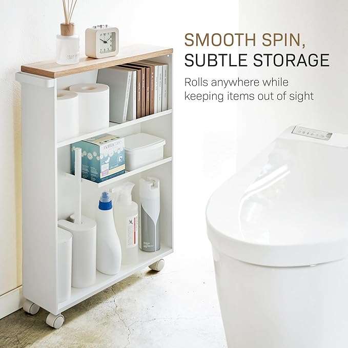 YAMAZAKI Home Slim Rolling Storage Cart – Narrow Bathroom Storage Cabinet with Handle, Slim Bathroom Storage Cart with Wheels, Easy Assembly, Steel + Wood, White, 27" - Steel -