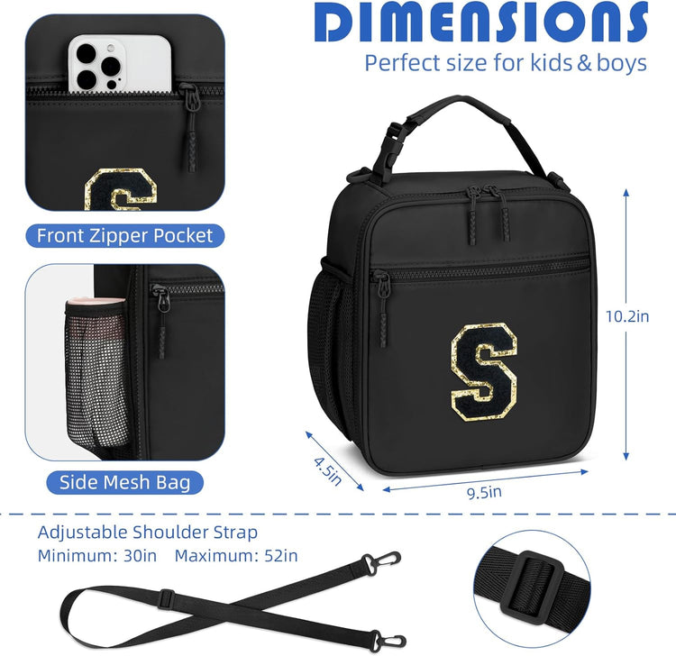 Initial Insulated Lunch Bag for Boys Kids, Back to School Gift, Reusable Leak-proof Lunch Box with Adjustable Strap for School Daycare Travel Picnic(Black,S)