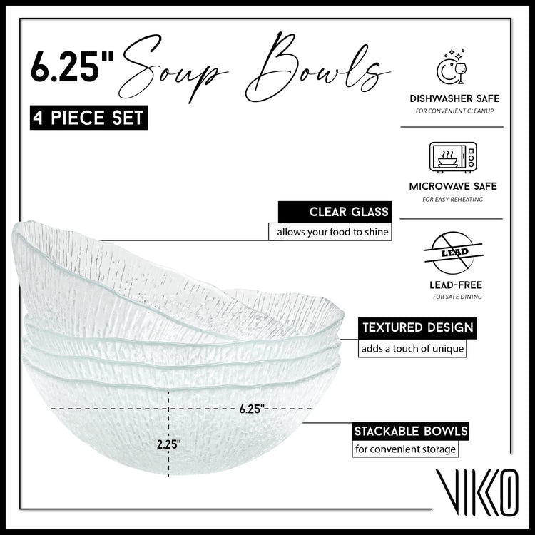 Vikko Soup Bowls, 6.25 Inch Salad Bowls, Glass Soup Bowls, Elegant Textured Glass Bowls, Set of 4, Dishwasher Safe