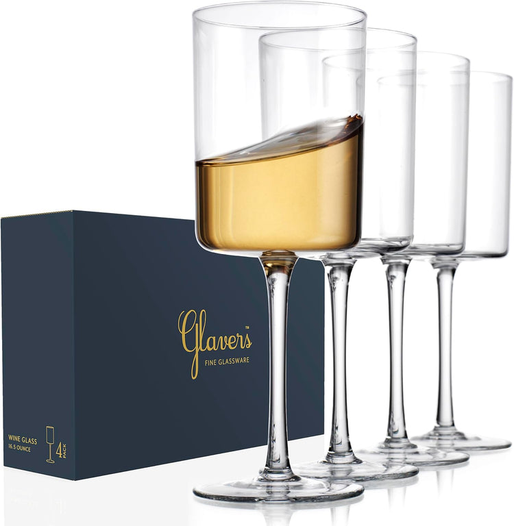 Square Wine Glasses Set of 4-16 oz - Crystal Wine Glass Set in Gift Packaging - Large Red Wine Glass on Long Stem - Housewarming Gifts New Home - Glasses Drinking Set - For White & Red Wine